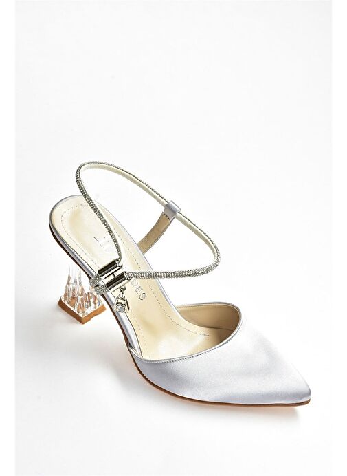 Gümüş Saten Kumaş Kadın Abiye Topuklu Ayakkabı M246066904 - Görsel 7