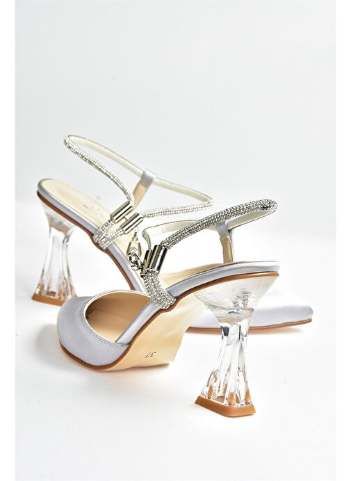Gümüş Saten Kumaş Kadın Abiye Topuklu Ayakkabı M246066904 - Görsel 8
