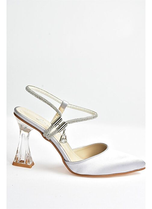 Gümüş Saten Kumaş Kadın Abiye Topuklu Ayakkabı M246066904 - Görsel 9