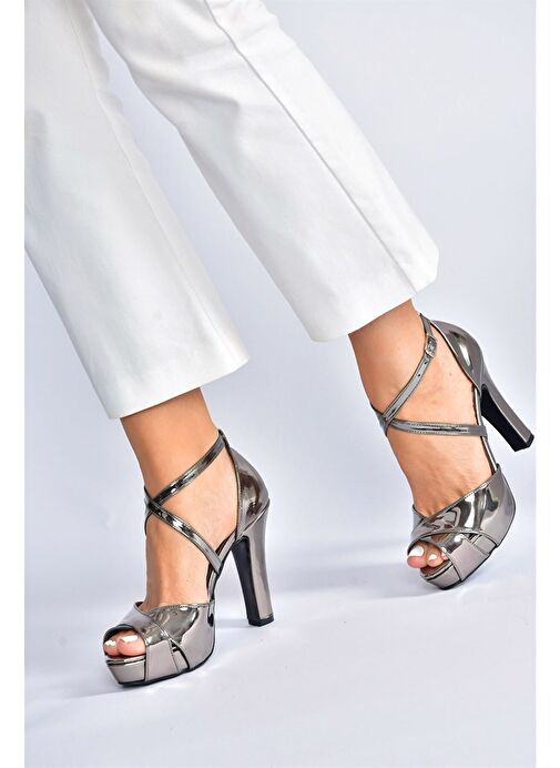 Platin Ayna Platform Kalın Topuklu Kadın Abiye Ayakkabı M348010234 - Görsel 3
