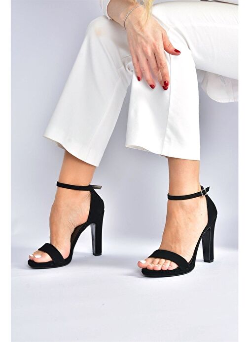 Siyah/Siyah Nubuk Tek Bantlı Kalın Topuklu Kadın Ayakkabı M348072301 - Görsel 3