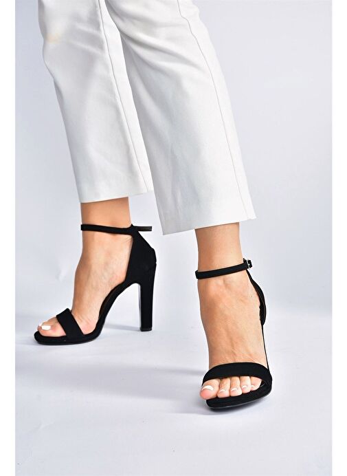Siyah/Siyah Nubuk Tek Bantlı Kalın Topuklu Kadın Ayakkabı M348072301 - Görsel 4