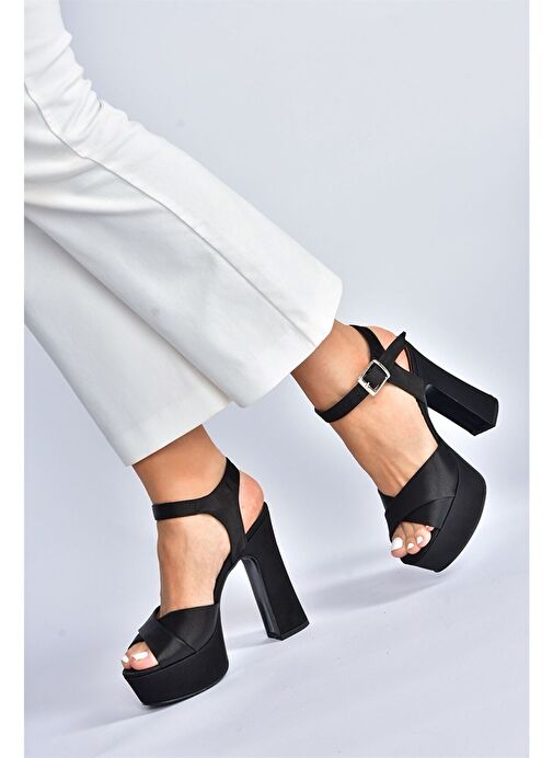 Siyah/Siyah Saten Kumaş Platform Topuklu Kadın Abiye Ayakkabı M348202404 - Görsel 2