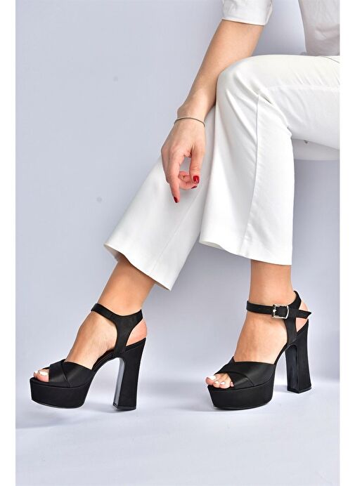 Siyah/Siyah Saten Kumaş Platform Topuklu Kadın Abiye Ayakkabı M348202404 - Görsel 3