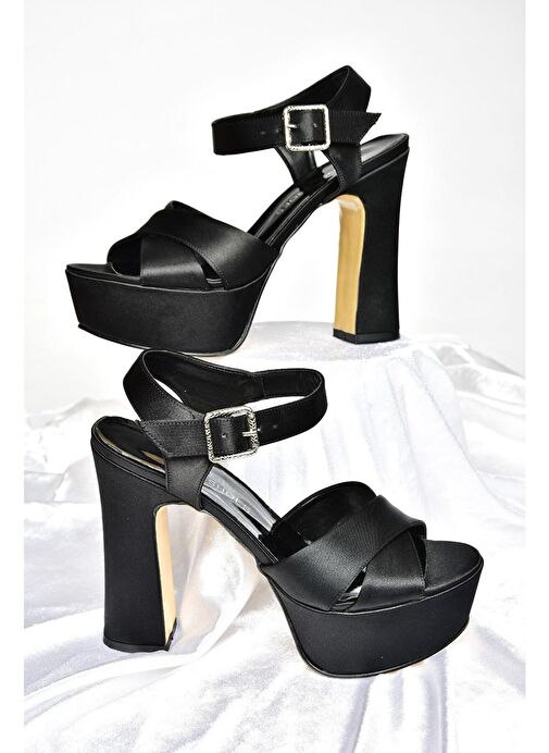 Siyah/Siyah Saten Kumaş Platform Topuklu Kadın Abiye Ayakkabı M348202404 - Görsel 6