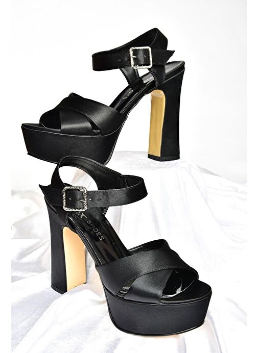 Siyah/Siyah Saten Kumaş Platform Topuklu Kadın Abiye Ayakkabı M348202404 - Görsel 9