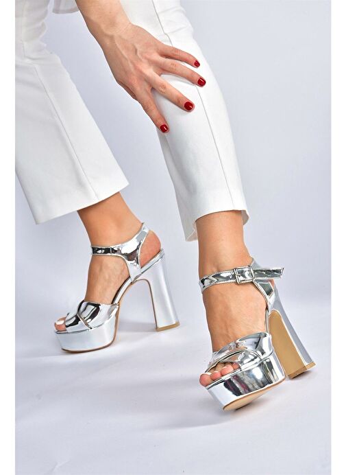 Gümüş Ayna Platform Topuklu Kadın Abiye Ayakkabı M348202434 - Görsel 2