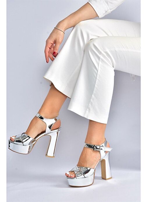 Gümüş Ayna Platform Topuklu Kadın Abiye Ayakkabı M348202434 - Görsel 4