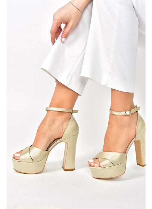 Bej Kumaş Platform Kalın Topuklu Abiye Ayakkabı M348202504 - Görsel 4