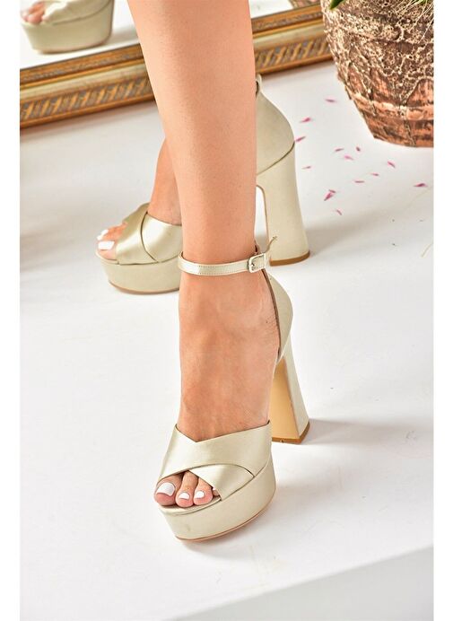 Bej Kumaş Platform Kalın Topuklu Abiye Ayakkabı M348202504 - Görsel 6