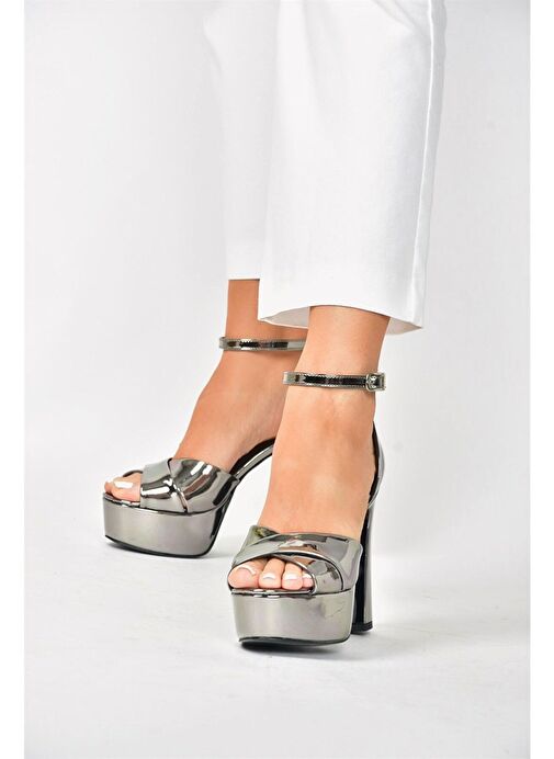 Platin Ayna Platform Kalın Topuklu Abiye Ayakkabı M348202534 - Görsel 4