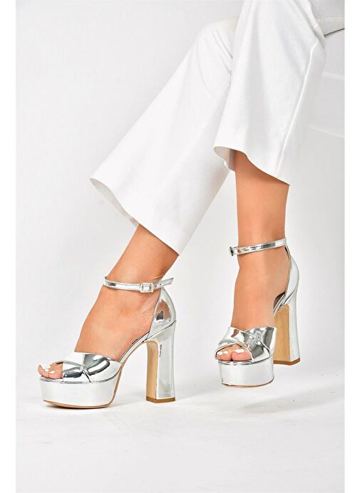 Gümüş Ayna Platform Kalın Topuklu Abiye Ayakkabı M348202534 - Görsel 2