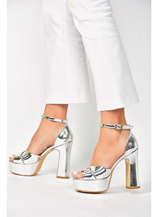 Gümüş Ayna Platform Kalın Topuklu Abiye Ayakkabı M348202534 - Görsel 4