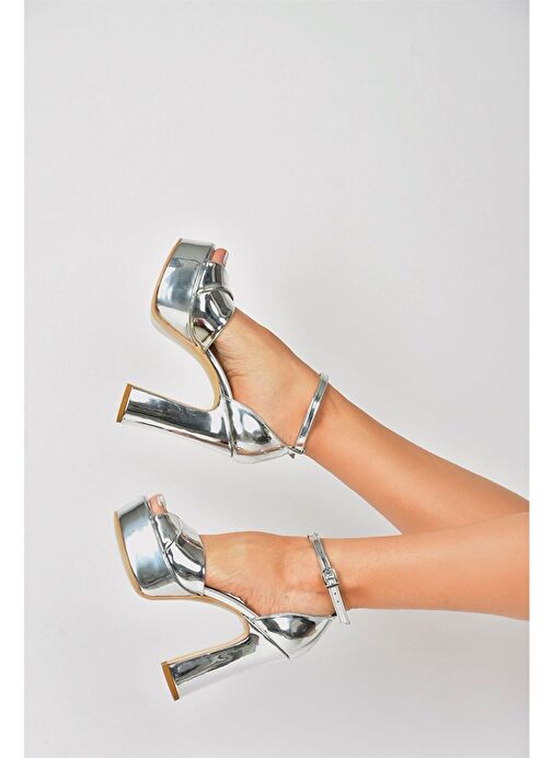 Gümüş Ayna Platform Kalın Topuklu Abiye Ayakkabı M348202534 - Görsel 6