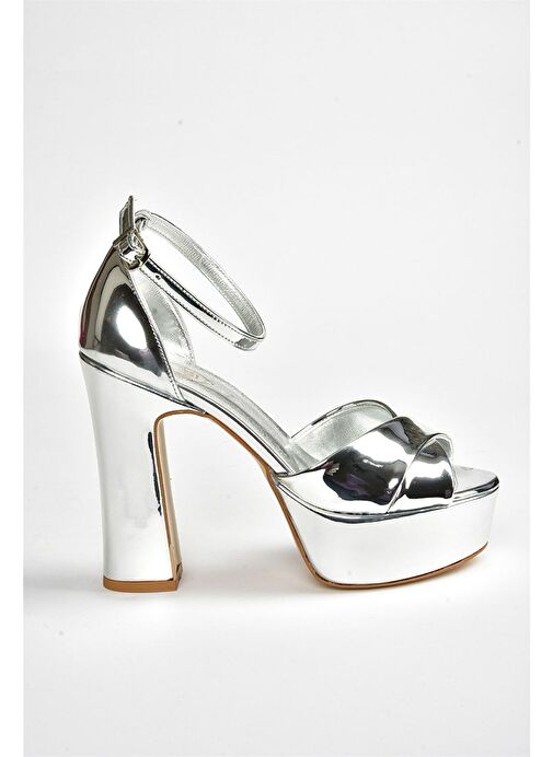 Gümüş Ayna Platform Kalın Topuklu Abiye Ayakkabı M348202534 - Görsel 8