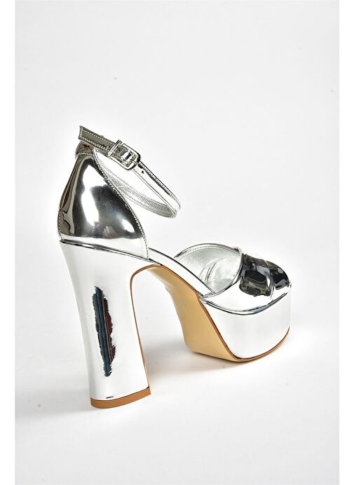 Gümüş Ayna Platform Kalın Topuklu Abiye Ayakkabı M348202534 - Görsel 9