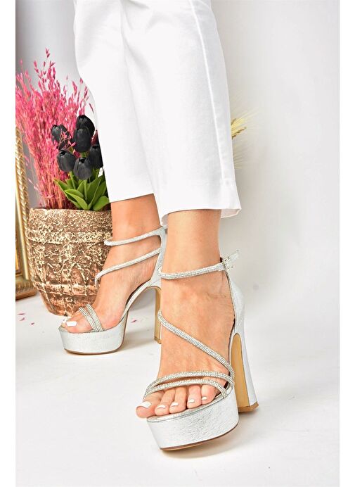 Gümüş Sim Platform Kalın Topuklu Kadın Abiye Ayakkabı M348202614 - Görsel 3