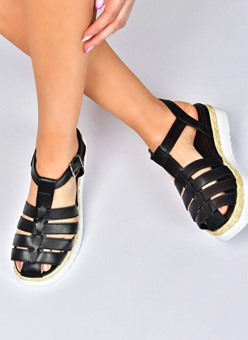 Siyah Kalın Tabanlı Kafes Model Kadın Sandalet M996140409 - Görsel 2
