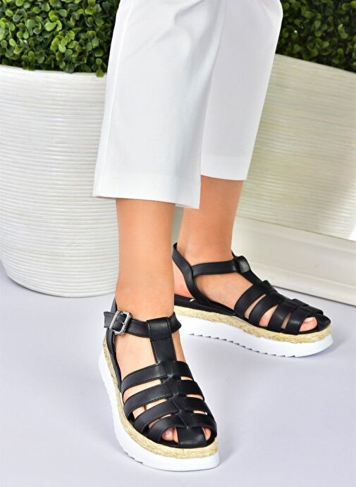 Siyah Kalın Tabanlı Kafes Model Kadın Sandalet M996140409 - Görsel 5