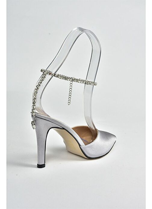 Gümüş Saten Kumaş Taş Tokalı Topuklu Ayakkabı M404010904 - Görsel 8