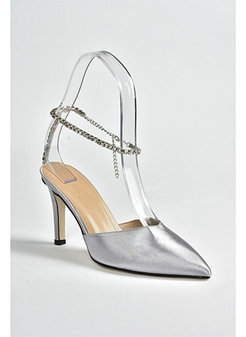 Gümüş Saten Kumaş Taş Tokalı Topuklu Ayakkabı M404010904 - Görsel 9