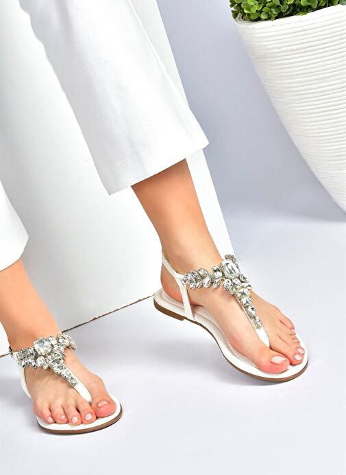 Beyaz Taşlı Parmak Arası Kadın Sandalet M272006009 - Görsel 5