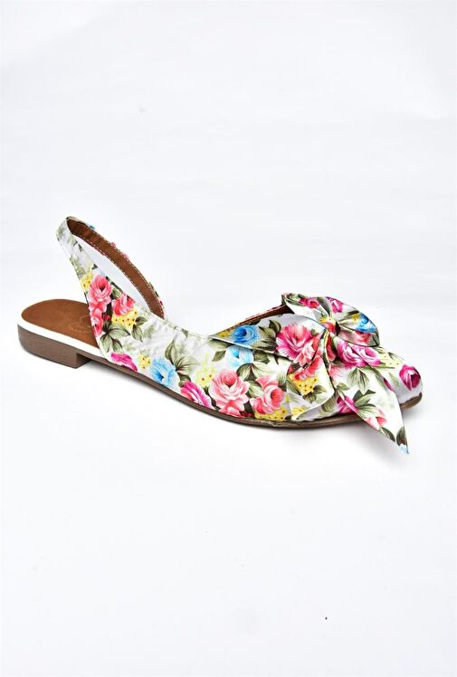 Beyaz/Kırmızı Saten Kumaş Çiçek Baskı Kadın Babet H726809004 - Görsel 7