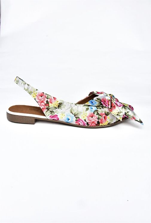 Beyaz/Kırmızı Saten Kumaş Çiçek Baskı Kadın Babet H726809004 - Görsel 8