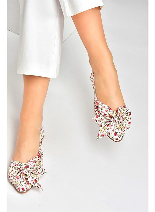 Bej/Kırmızı Kumaş Çiçek Baskı Kadın Babet H726809004 - Görsel 3