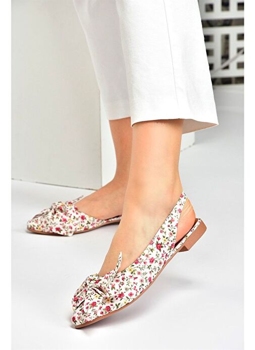 Bej/Kırmızı Kumaş Çiçek Baskı Kadın Babet H726809004 - Görsel 5