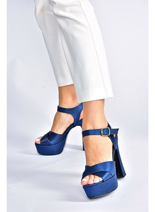 Lacivert Saten Kumaş Platform Topuklu Kadın Abiye Ayakkabı M348202404 - Görsel 5