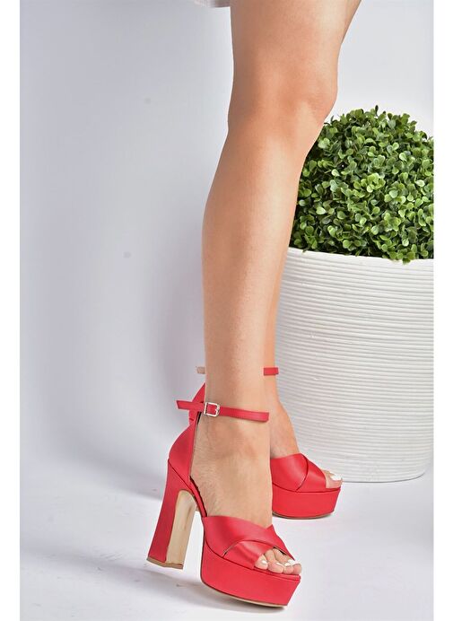 Kırmızı Saten Kumaş Platform Topuklu Kadın Abiye Ayakkabı M348202504 - Görsel 5