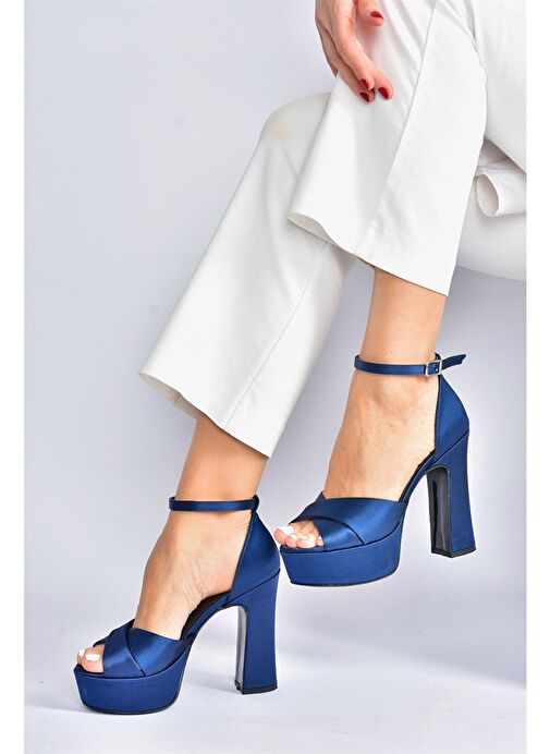 Lacivert Saten Kumaş Platform Topuklu Kadın Abiye Ayakkabı M348202504 - Görsel 4