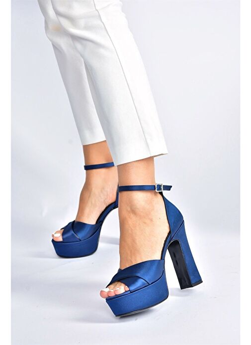 Lacivert Saten Kumaş Platform Topuklu Kadın Abiye Ayakkabı M348202504 - Görsel 5