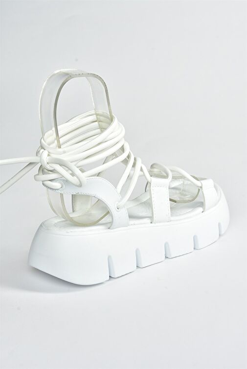 Beyaz Kalın Tabanlı Bilekten Bağlamalı Kadın Sandalet M267083009 - Görsel 7