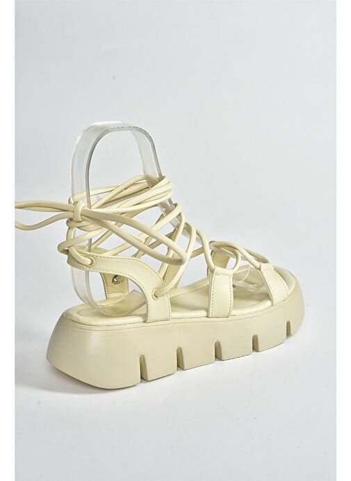 Bej Kalın Tabanlı Bilekten Bağlamalı Kadın Sandalet M267083009 - Görsel 6