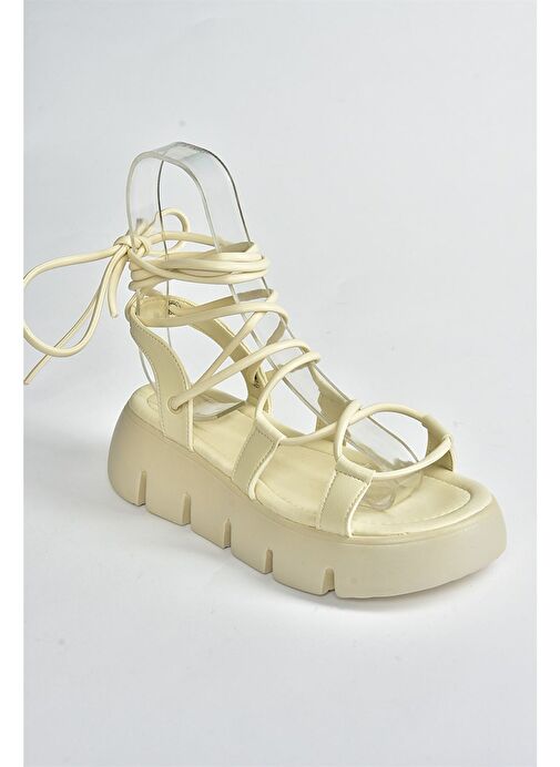 Bej Kalın Tabanlı Bilekten Bağlamalı Kadın Sandalet M267083009 - Görsel 7