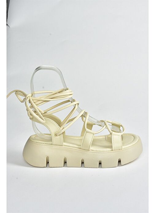 Bej Kalın Tabanlı Bilekten Bağlamalı Kadın Sandalet M267083009 - Görsel 8