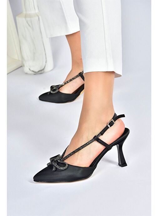 Siyah Saten Kumaş Taş Detaylı Kadın Topuklu Ayakkabı M246065704 - Görsel 3