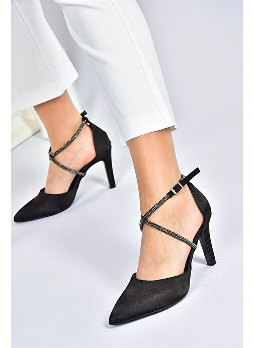 Siyah Saten Kumaş Sivri Burun Kadın Topuklu Ayakkabı M246066704 - Görsel 2