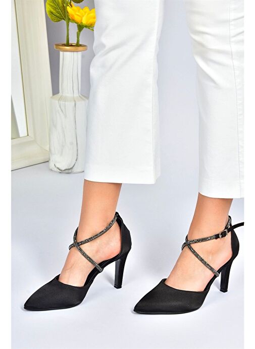Siyah Saten Kumaş Sivri Burun Kadın Topuklu Ayakkabı M246066704 - Görsel 6