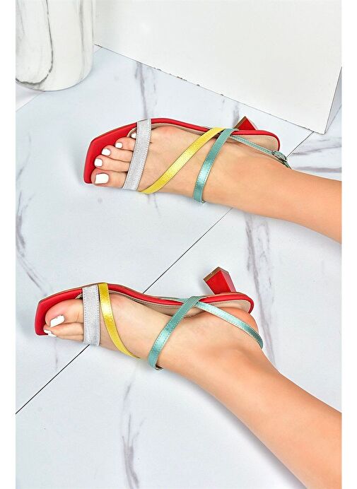 Kırmızı/Yeşil Saten Kumaş Kadın Topuklu Ayakkabı M518067504 - Görsel 5