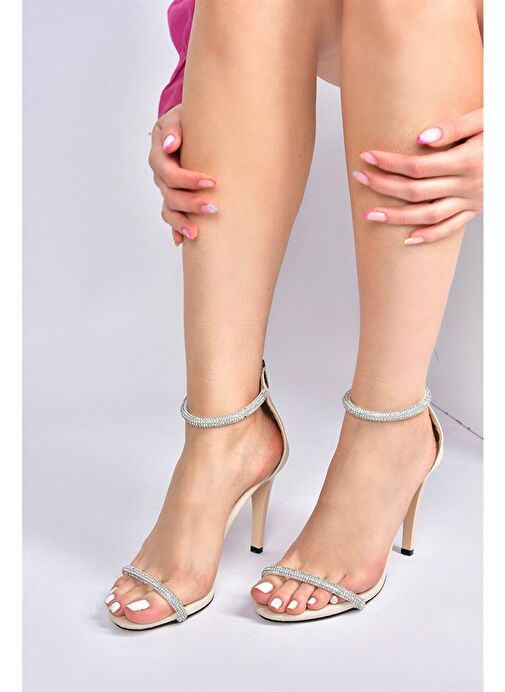 Bej Tek Bant Taşlı Kadın Abiye Ayakkabı M251800009 - Görsel 3