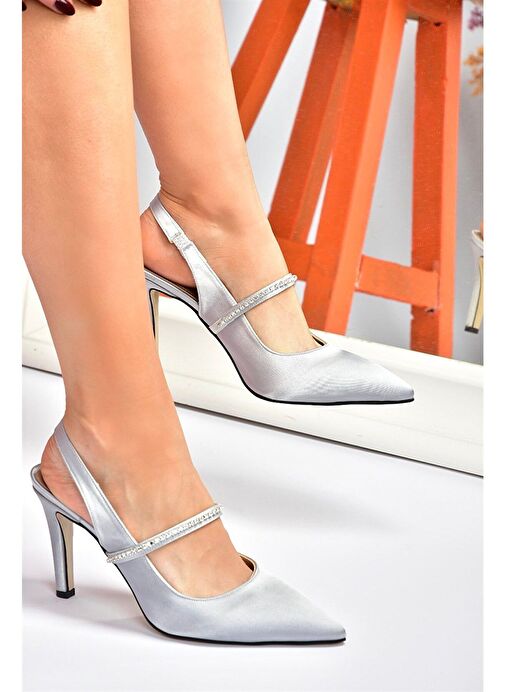 Gümüş Saten Kumaş Taşlı Topuklu Ayakkabı M404707404 - Görsel 4