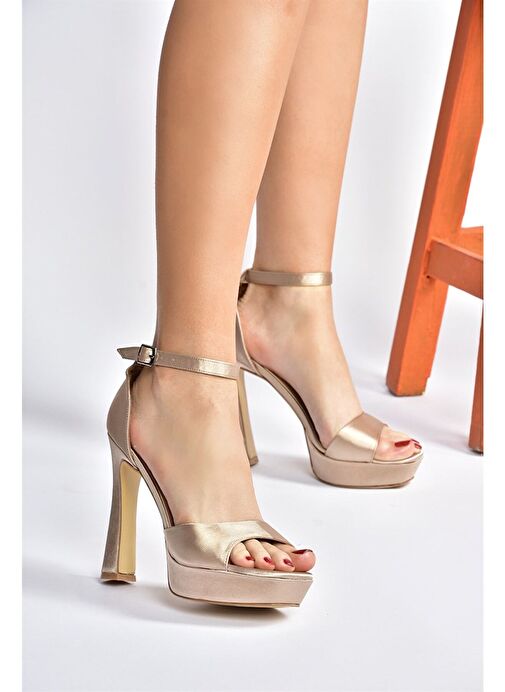 Vizon Saten Kumaş Platform Kalın Topuklu Kadın Ayakkabı K404580104 - Görsel 3