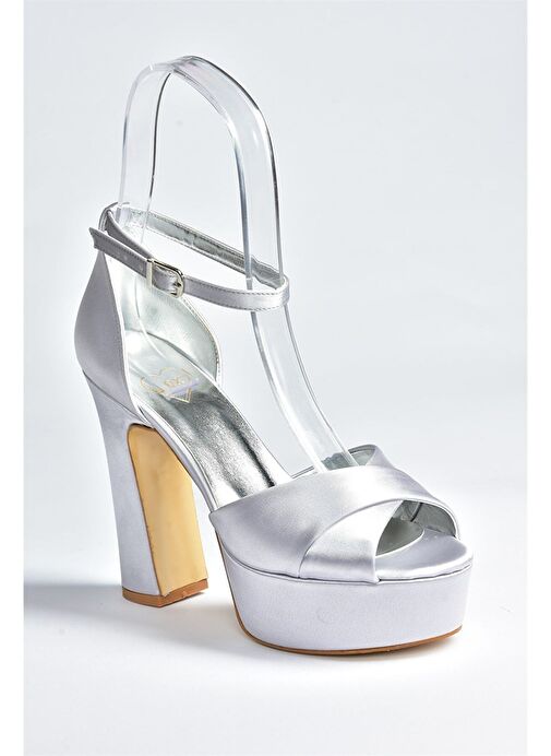 Gümüş Saten Kumaş Platform Topuklu Kadın Abiye Ayakkabı M348202504 - Görsel 6