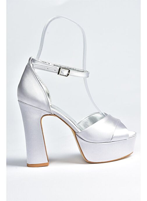 Gümüş Saten Kumaş Platform Topuklu Kadın Abiye Ayakkabı M348202504 - Görsel 8