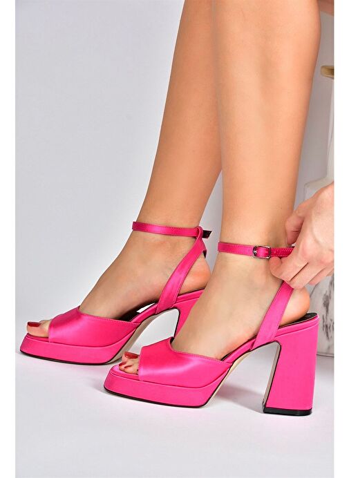 Fuşya Saten Kumaş Kalın Platform Topuklu Kadın Ayakkabı M570345604 - Görsel 3