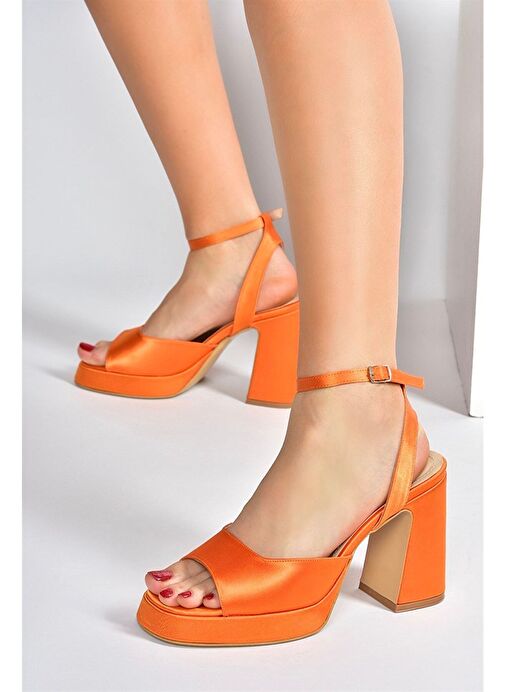 Turuncu Saten Kumaş Kalın Platform Topuklu Kadın Ayakkabı M570345604 - Görsel 2