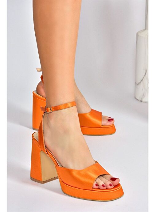 Turuncu Saten Kumaş Kalın Platform Topuklu Kadın Ayakkabı M570345604 - Görsel 4